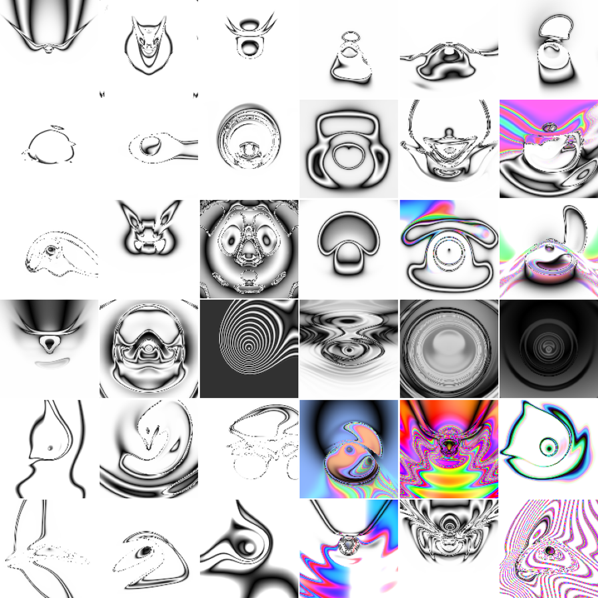 A coverage-maximizing sample of one VLM-driven Picbreeder archive