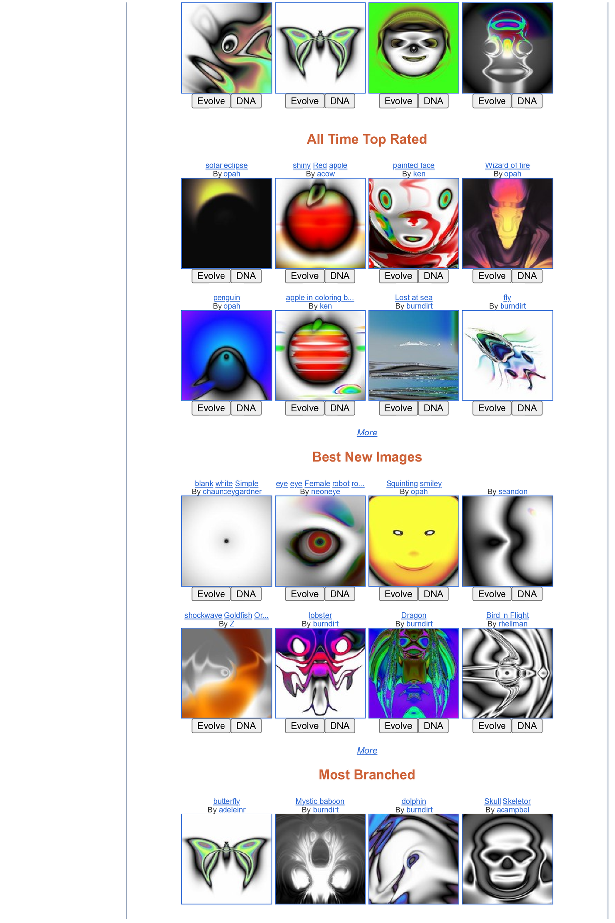 The Picbreeder website, page 2 of 3 &mdash; click to open our AI re-creation