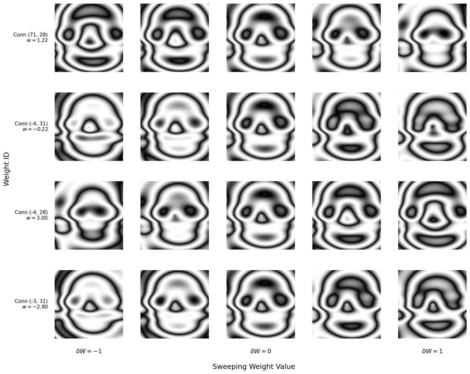 Weight-sweep visualization of a VLM-evolved skull CPPN.